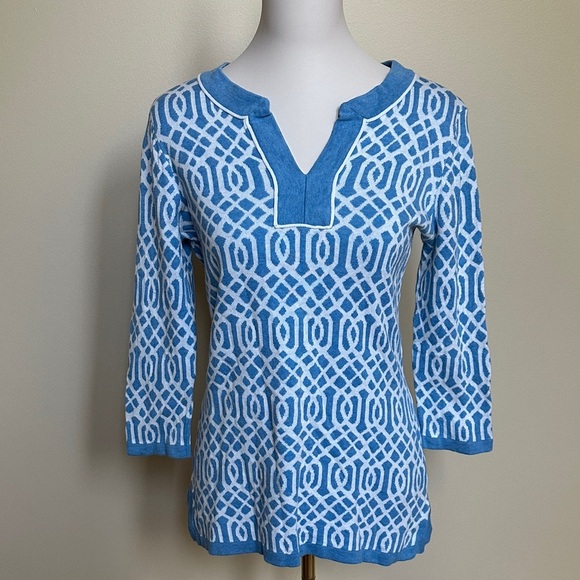 J. McLaughlin Tops - J. McLaughlin Blue and White Geometric Tunic